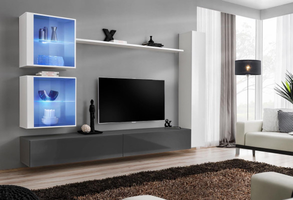 Conjunto de salón blanco con estantería para TV, muebles de diseño, armario de pared y aparador.
