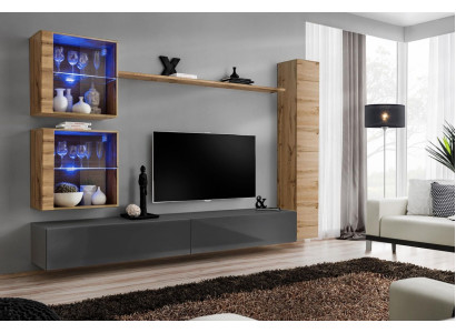Muebles de lujo para sala de estar en color marrón, compuestos por 3 armarios de pared y un soporte para TV.