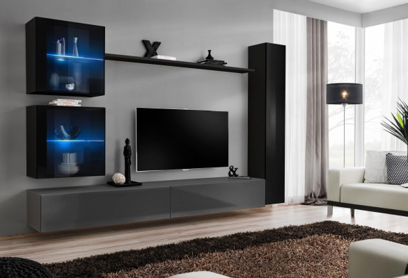 Lujo conjunto de diseño de pared para sala en negro, incluye 3 gabinetes de pared y soporte para TV.