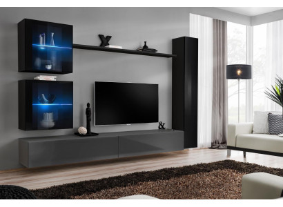 Lujo conjunto de diseño de pared para sala en negro, incluye 3 gabinetes de pared y soporte para TV.