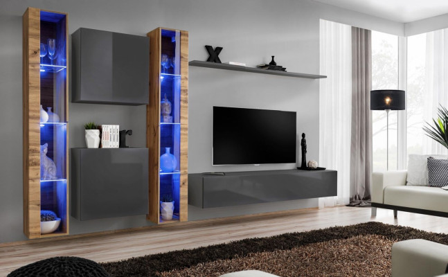 Lujo Conjunto completo de pared para sala de estar de 6 piezas Gris Soporte de TV Aparador de pared Moderno