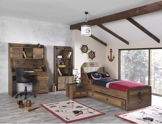 Conjunto de dormitorio infantil Pirata Marco de cama Cama juvenil Madera Marrón Juego de 5 piezas