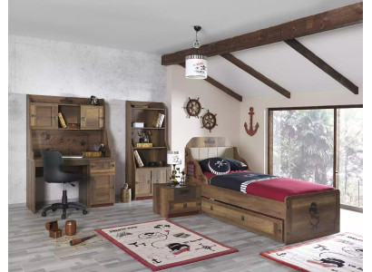 Conjunto de dormitorio infantil Pirata Marco de cama Cama juvenil Madera Marrón Juego de 5 piezas