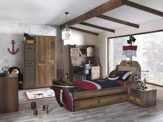 Habitación infantil Cama pirata Barco Armario Mesa Camas dobles 5 piezas
