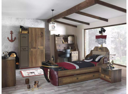 Habitación infantil Cama pirata Barco Armario Mesa Camas dobles 5 piezas