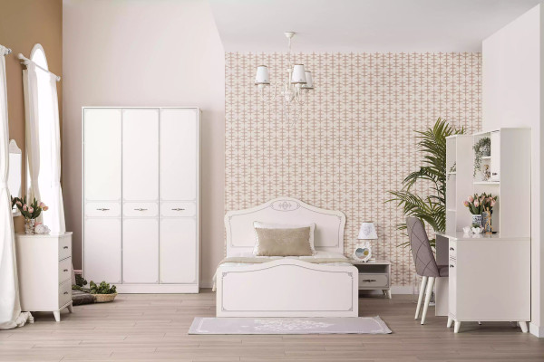 Cama juvenil completa Cama funcional Set extensible de 8 piezas de madera blanca.