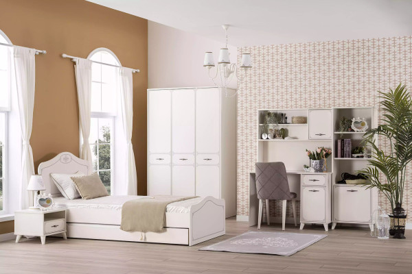 Cama juvenil completa Cama funcional Set extensible de 8 piezas de madera blanca.