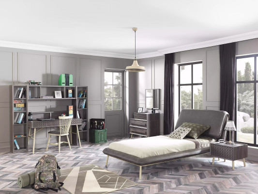 Cama completa para jóvenes muebles infantiles dormitorio de niños Cama madera gris Set 5 piezas