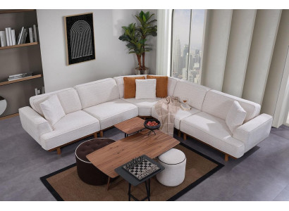 Sala de estar blanca Conjunto de 6 piezas Sofá de esquina acolchado de diseñador 2 taburetes Mesa de centro