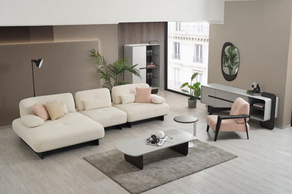 Conjunto de sala moderno de esquina con sofá, mesa de centro, mesa auxiliar y sillón de 4 piezas.