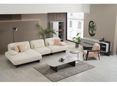 Conjunto de sala moderno de esquina con sofá, mesa de centro, mesa auxiliar y sillón de 4 piezas.