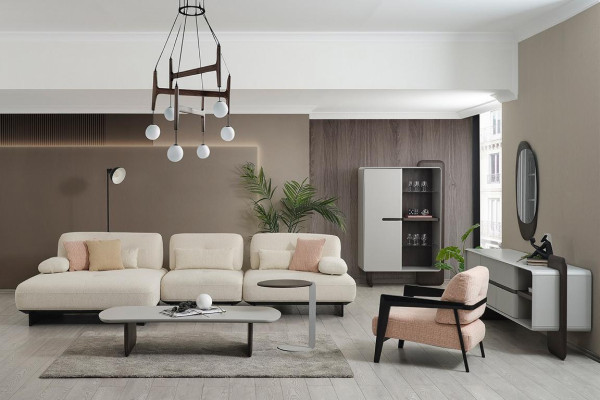 Conjunto de sala moderno de esquina con sofá, mesa de centro, mesa auxiliar y sillón de 4 piezas.