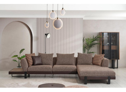 Sofá de tela marrón, sofá de esquina diseñado en forma de L para sala de estar, muebles elegantes.