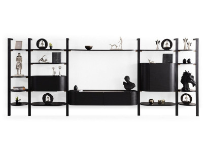 Mueble de pared exclusivo en negro, muebles de diseño para sala de estar, pared de madera noble.