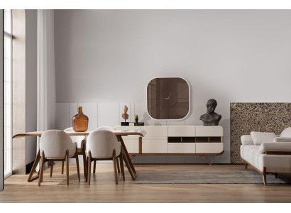 Conjunto de comedor marrón y blanco Moderna mesa de comedor 6 sillas acolchadas 9 piezas
