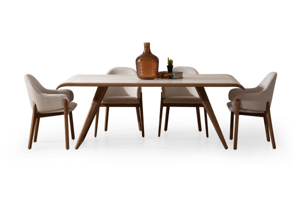 Conjunto de comedor marrón y blanco Moderna mesa de comedor 6 sillas acolchadas 9 piezas