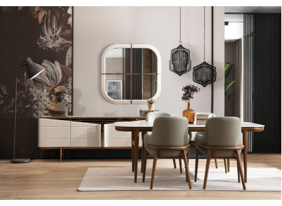 Muebles de comedor en blanco y marrón, juego de comedor de diseñador de lujo de 9 piezas.