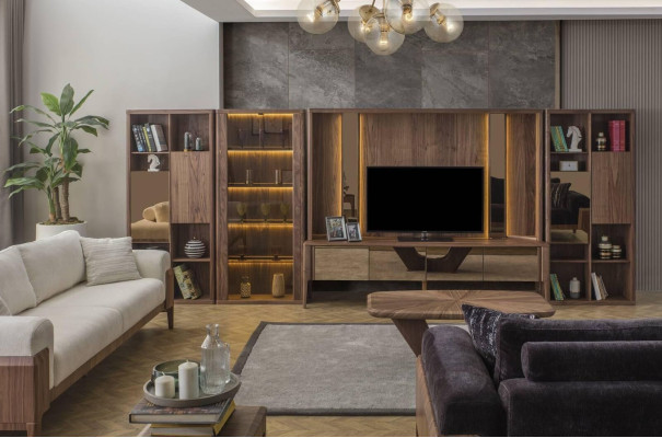 Mueble de pared marrón moderno con estanterías LED en madera para la sala de estar.