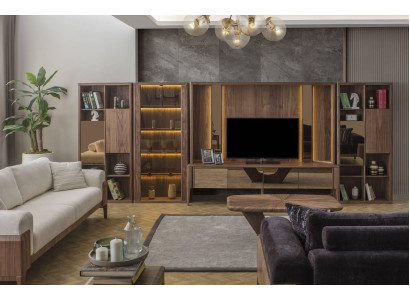Mueble de pared marrón moderno con estanterías LED en madera para la sala de estar.