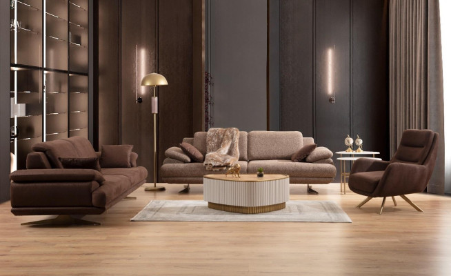 Conjunto de sofás beige-marrón para la sala de estar de 3 plazas, sillón tapizado y mesa de centro.