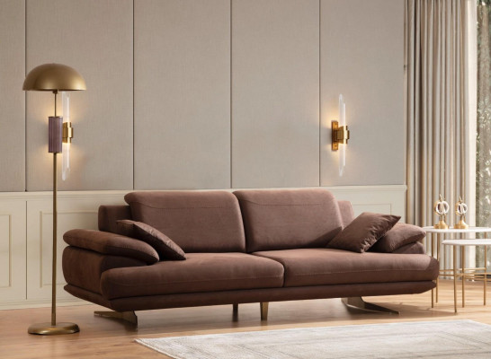 Conjunto de sofás beige-marrón para la sala de estar de 3 plazas, sillón tapizado y mesa de centro.