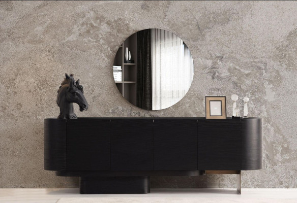 Muebles negros para el comedor, un elegante aparador con espejo y cómoda de madera.
