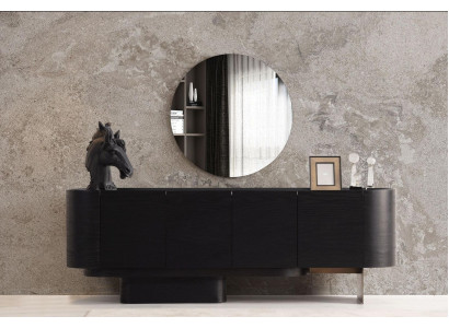 Muebles negros para el comedor, un elegante aparador con espejo y cómoda de madera.