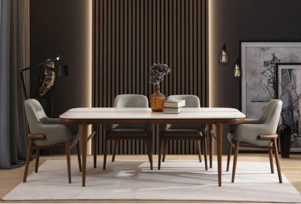 Muebles de comedor Mesa de madera Sillas tapizadas de diseñador Patas de madera Conjunto de lujo de 7 piezas