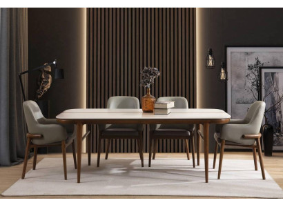 Muebles de comedor Mesa de madera Sillas tapizadas de diseñador Patas de madera Conjunto de lujo de 7 piezas