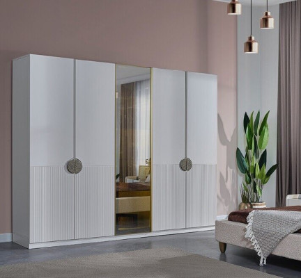 Moderno armario blanco de dormitorio, mueble de madera de 4 puertas.