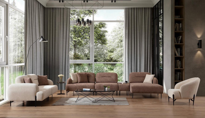 Moderno conjunto de sofás marrón y blanco de 3 plazas, sillón de tela en forma de L, sofá de esquina.