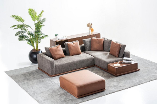 Conjunto de asientos para sala de estar Sofá gris en forma de L Reposapiés marrón Muebles de lujo