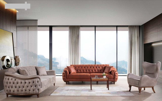 Sofá Chesterfield Naranja de Tres Plazas Muebles Terciopelo Madera Cojín de Asiento
