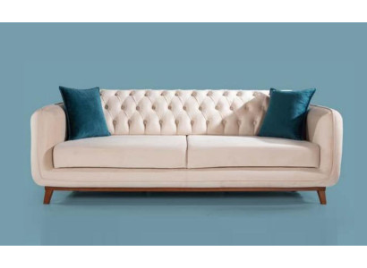 Sofá de tres plazas, sofá tapizado, muebles de tela beige y blanco, terciopelo