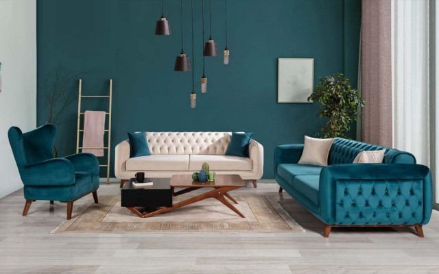 Sofá de tres plazas, sofá tapizado, muebles de tela beige y blanco, terciopelo