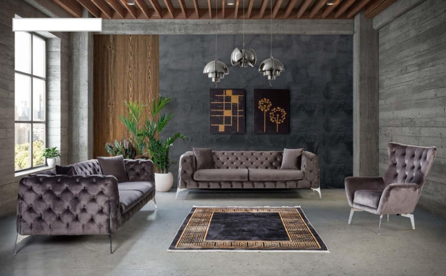 Sofá Chesterfield gris de 3 plazas, sofá de sala de estar de tela acolchada.