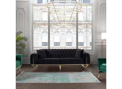 Sofá de tres plazas Chesterfield negro con cojines de asiento de terciopelo y madera.