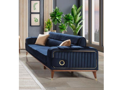 Sofá lujoso azul de tres plazas, diseño, muebles, tela de terciopelo.