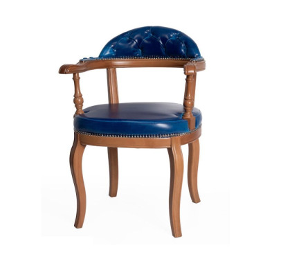 Silla de comedor de madera con reposabrazos, diseño clásico, silla tapizada, asiento azul.