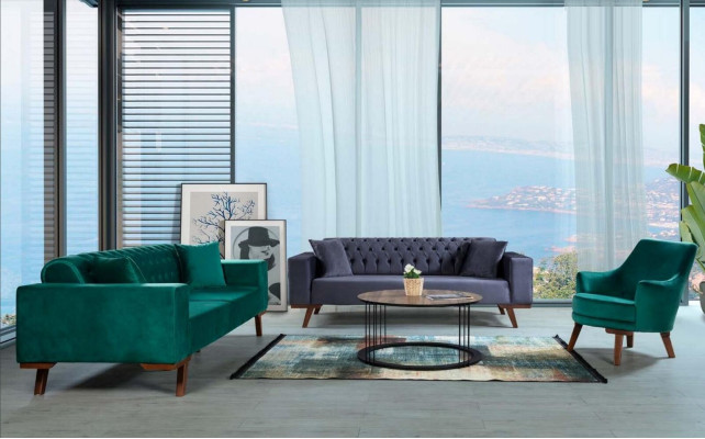 Sofá de diseño de tres plazas, sofá moderno gris, muebles tapizados de madera.