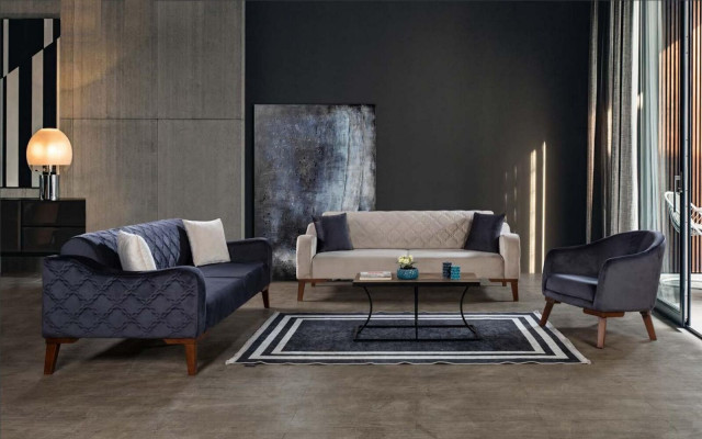 Sofá de tres plazas beige elegante para la sala de estar en terciopelo.