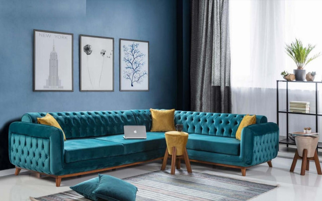 Sofá esquinero en forma de L de lujo de tela, sofá de salón, sofá tapizado, muebles.
