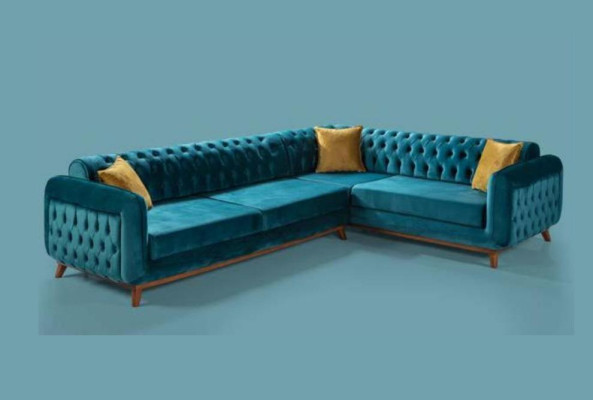 Sofá esquinero en forma de L de lujo de tela, sofá de salón, sofá tapizado, muebles.