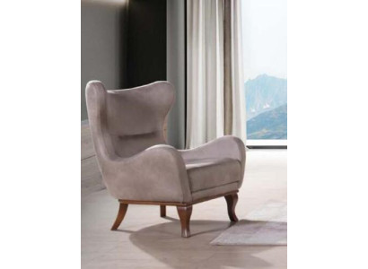 Moderno sillón de una plaza, diseño de diseñador, tapizado textil beige.