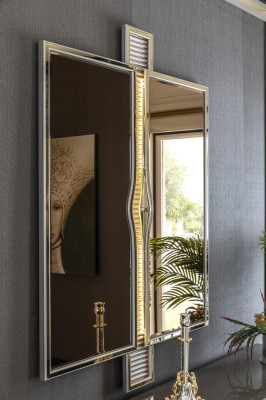 Espejo dorado estilo moderno para sala de estar, diseño elegante de espejo de pared en muebles nuevos.
