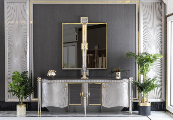 Espejo dorado estilo moderno para sala de estar, diseño elegante de espejo de pared en muebles nuevos.