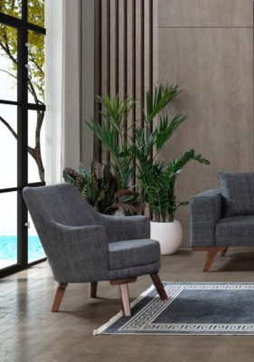 Diseño de sillón de salón de una plaza, muebles tapizados grises modernos.