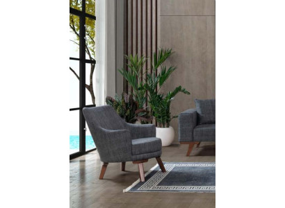 Diseño de sillón de salón de una plaza, muebles tapizados grises modernos.