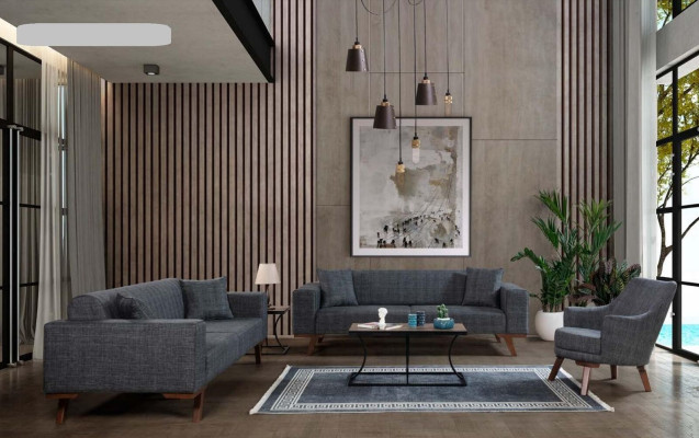 Diseño de sillón de salón de una plaza, muebles tapizados grises modernos.