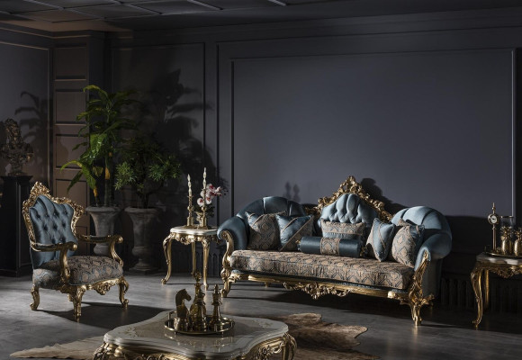 Sillón azul, elegante salón tapizado en tela, diseño clásico de lujo, hermoso y nuevo.